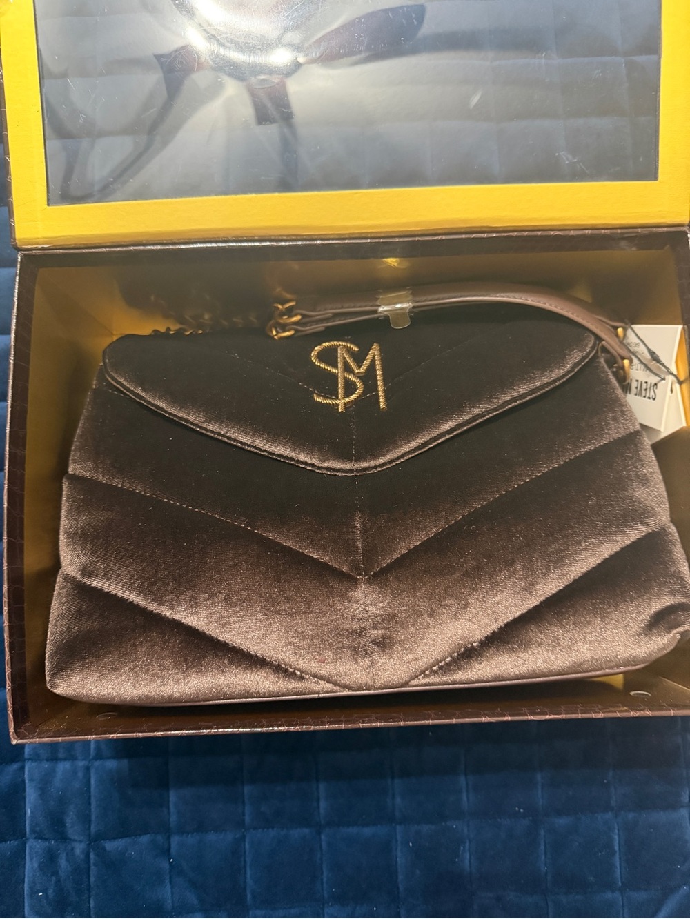 Steve Madden Quilted Velvet Shoulder Bag in Dark Brown with Gold Hardware